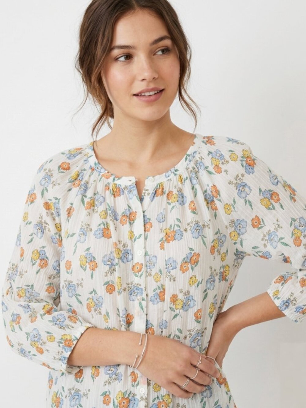 CHAPS White Orange Blue Floral 100% Cotton 3/4 Sleeve Button Down Peasant Blouse